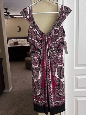 London Times Burgundy Paisley Midi Dress with Black Trim